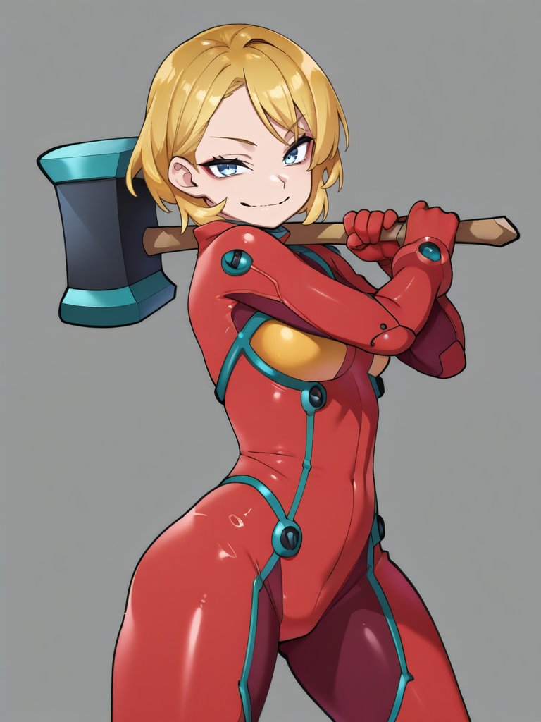 AgawaRyoXLP,, grey background,
1girl, red bodysuit, holding hammer, light smile, blonde hair, blue eyes, evil smile, 
front, looking at viewer, (dynamic pose:1.1), cowboy shot,
<lora:AgawaRyoXLP_Style-12:1.2>