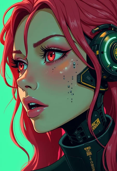 <lora:ck-Goro-Fujita:1>, digital artwork in the style of ckgf, A mesmerizing close-up portrait of an alien woman, her striking features blending extraterrestrial elegance with subtle mechanical elements. Her skin has a smooth, otherworldly texture, adorned with small, organic patterns. Her long, wavy hair cascades around her face, but in the Virtualboy-style palette of red, white, and black. Mechanical elements are seamlessly integrated into her face and neck—sharp, angular pieces emerge like delicate circuitry. The chiaroscuro-inspired lighting brings deep contrast, with bold shadows enhancing her alien beauty. The background features a cyberpunk workshop, and the limited palette emphasize the alien and mechanical features, while a soft green glow outlines parts of her face and hair, creating a futuristic yet nostalgic visual reminiscent of early handheld gaming
<lora:ck-nc-pastel-cyberpunk:0.3>
<lora:ck-MetalGearSolid:0.25>
<lora:RetroAnimeFluxV1:0.25>