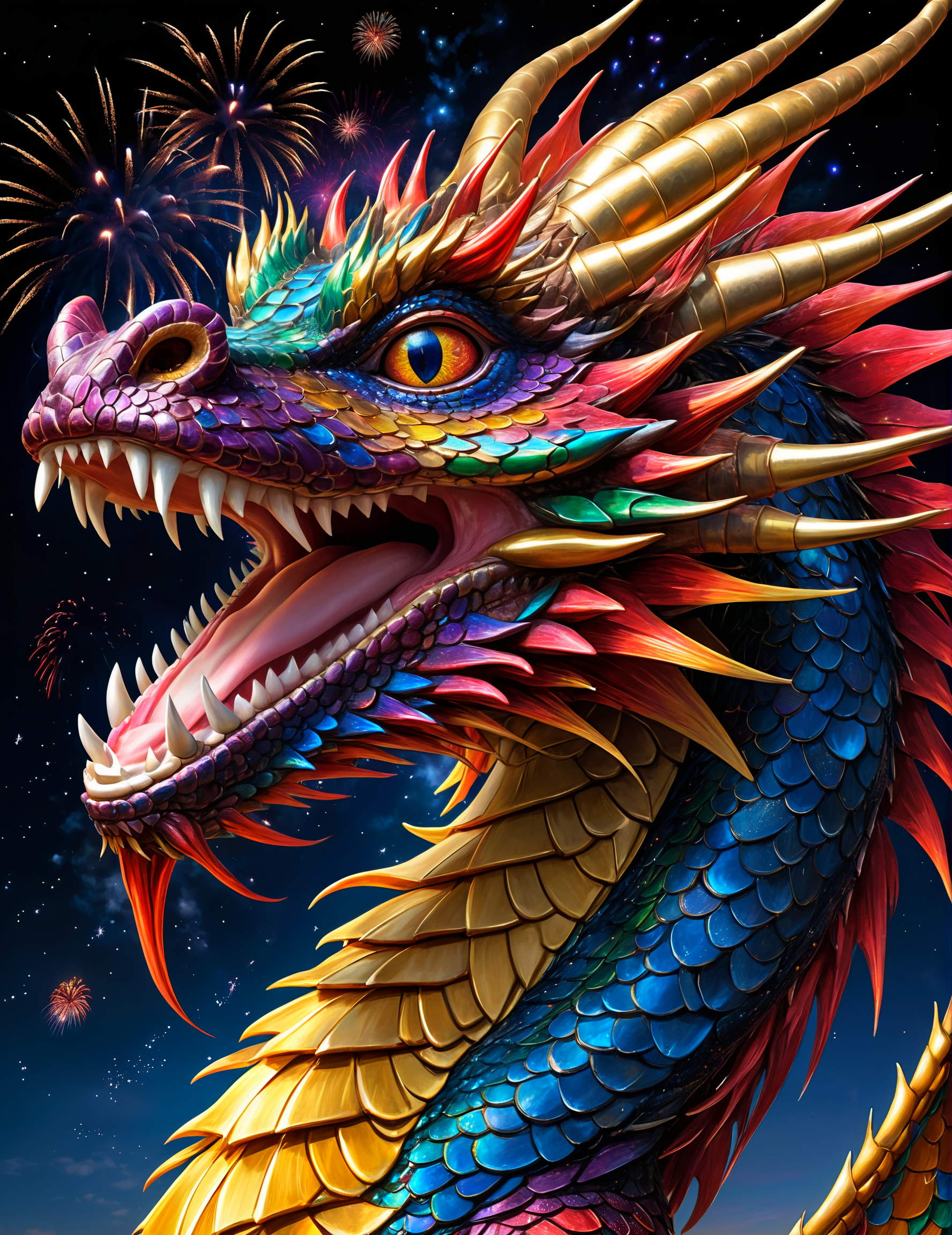 a firework dragon in the sky, firework shaped eastern dragon, up close, extremely detailed, beautiful eyes, sparkling, night time, fantasy art, dark fantasy, multicolor, dragon made out of fireworks, HDR, photo, award winning masterpiece,