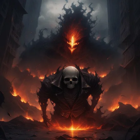 Dark Fantasy Art, Dark Moody Atmosphere, dramatic, mysterious, dark moody atmosphere, dark, moody, dark fantasy style, realistic anime,
BREAK,
Ghost Rider rockets up the skyscraper, his flaming motorcycle scorching a fiery path over glass and steel,
BREAK,
His skull, engulfed in hellfire, casts a sinister, flickering glow, with empty eye sockets seething with vengeful fire,
BREAK,
Flames curl around his skeletal form, his leather jacket and pants seared and frayed, smoldering as he rides,
BREAK,
Each wheel turn burns the glass, leaving molten streaks that trail behind him, and the building quakes under his ascent,
BREAK,
His engine’s roar echoes against the steel, blending with the hiss of flames in a symphony of raw, otherworldly power,
BREAK,
sitting on his bike, cracked roadway, cracked road, skull,