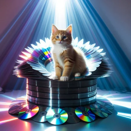 lazympos, made of cd's, fluffy kitten lounging on a throne built from stacked CDs, laser-light beams bouncing around the room, disco-ball energy, playful and surreal