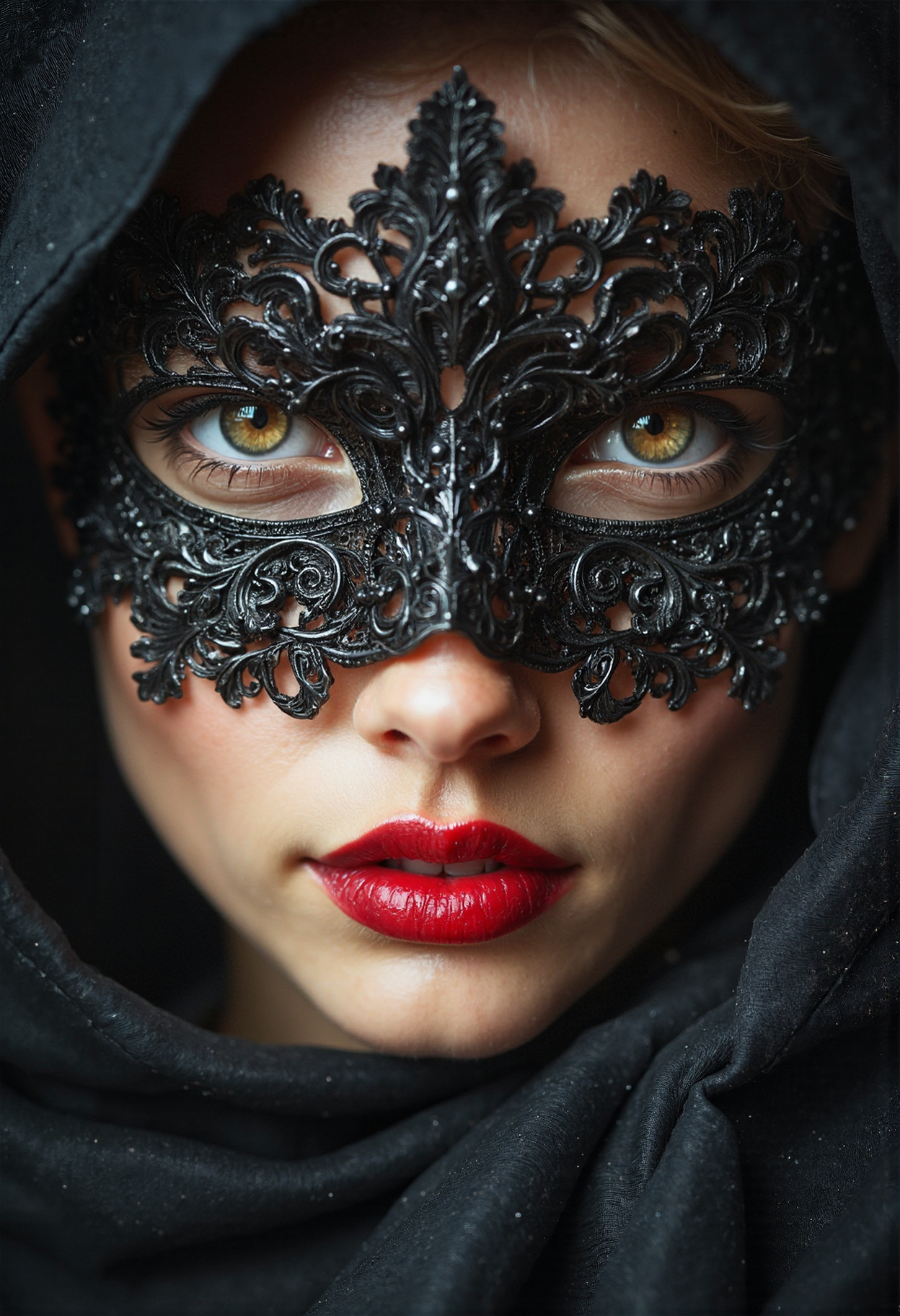 an ultra-realistic and surreal portrait photo of the most beautiful attractive and young woman, her face covered with veil mask. red lips, hazel eyes, The image is enhanced with film grain and bokeh effects, is a highly detailed masterpiece, captured in high quality and high resolution <lora:flux_realism_lora:0.9><lora:glowing_flux:0.4><lora:fluxenhancer:0.25>
