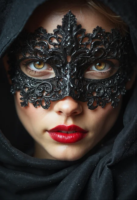 an ultra-realistic and surreal portrait photo of the most beautiful attractive and young woman, her face covered with veil mask. red lips, hazel eyes, The image is enhanced with film grain and bokeh effects, is a highly detailed masterpiece, captured in high quality and high resolution <lora:flux_realism_lora:0.9><lora:glowing_flux:0.4><lora:fluxenhancer:0.25>