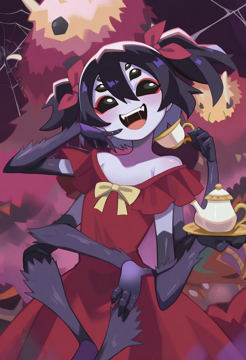 masterpiece,best quality,amazing quality, newest, absurdres, highres, Kiding_Ryuu, KDSTL, 1girl, solo, smile, short hair, black hair, dress, bow, holding, twintails, two side up, cup, colored skin, fangs, red dress, bug, short twintails, monster girl, teacup, teapot, purple skin, extra arms, extra eyes, arthropod girl, silk, spider web, spider girl, spider