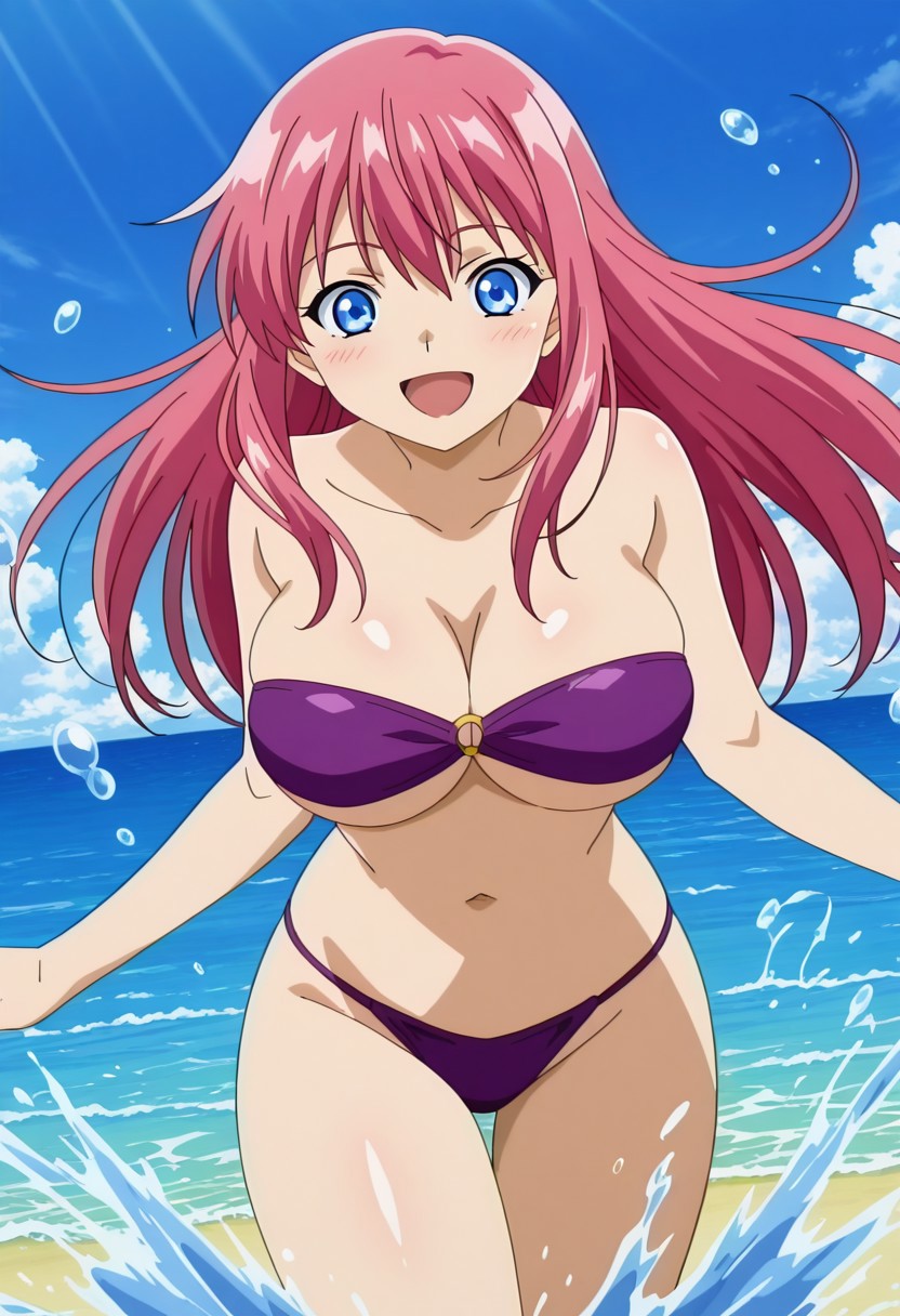 finetuneanime,anime screencap, official art, detailed anime, ultra detailed anime art, anime screencap, screencap, score 9, score 8 up, score 7 up, masterpiece, anime coloring, source anime,
BREAK
MionBase, 1girl, blue eyes, solo, pink hair, long hair, large breasts, curvy, fair skin, shiny skin, smoothy skin, fair skin, fair skin, NEGATIVE_HANDS, 
BREAK
purple bikini, bandeau top, t-string, underboob,
BREAK
playing on water, water splash, splashing, partial submerged body, sea, sea side, happy face, day, beach, detailed background,
