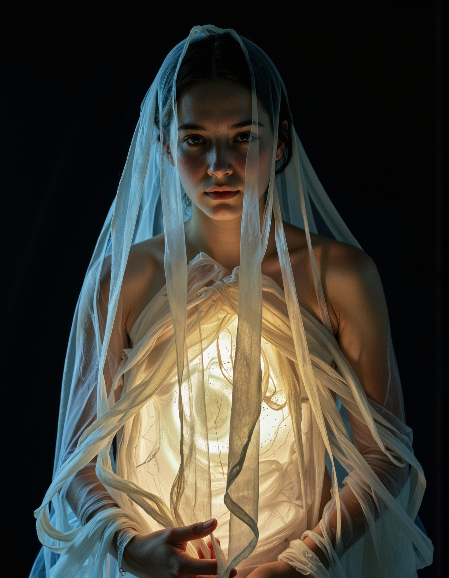 A highly detailed cinematic photography.
upper body image of a person enveloped in a shroud-like material, appears to be merging with the air around them, high contrast between the dark background and the bright, glowing texture of the material to give a feeling of emergence or transformation, shades to enhance the mysterious and intense atmosphere
 <lora:Exogenous:1>