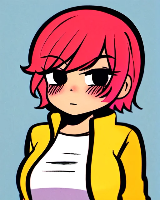 <lora:scottpilgrimvstheworld:1> scottpilgrimvstheworld, SakuraVRC, 1girl, red hair, jacket, breasts, short_hair, looking at viewer, simple_background, black background, solo, blush, upper body,  <lora:SakuraVRC:0.5>