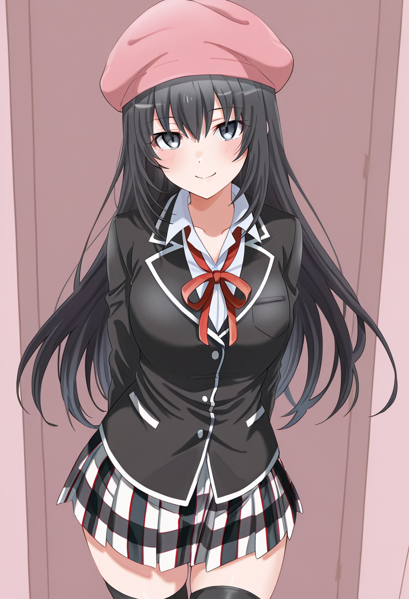 1girl, oregairumiagup, black hair, very long hair, black eyes, sobu high school uniform, black jacket, neck ribbon, red ribbon, plaid skirt, pleated skirt, black thighhighs, beret, looking at viewer, smile, cute, <lora:RumiHighSchool_ill_v2:1>, masterpiece, best quality, high quality, detailed, absurdres