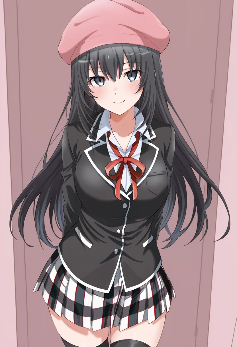 1girl, oregairumiagup, black hair, very long hair, black eyes, sobu high school uniform, black jacket, neck ribbon, red ribbon, plaid skirt, pleated skirt, black thighhighs, beret, looking at viewer, smile, cute, <lora:RumiHighSchool_ill_v2:1>, masterpiece, best quality, high quality, detailed, absurdres