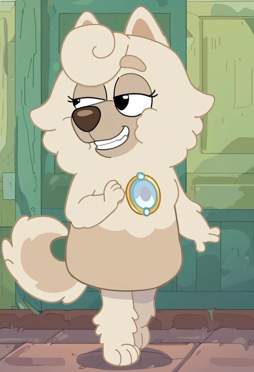 score_7_up, score_8_up, score_9, masterpiece,  high quality,
WendyBluey, female, furry female, solo, 1girl, adult, cartoon, anthro dog, dog ears, chow chow, beige fur, (black eyes), 
front hair curl, silver brooch, brown nose, dog tail, 
smiling, teeth, ((bedroom eyes)), (((anthro)))
walking, full body view, full body