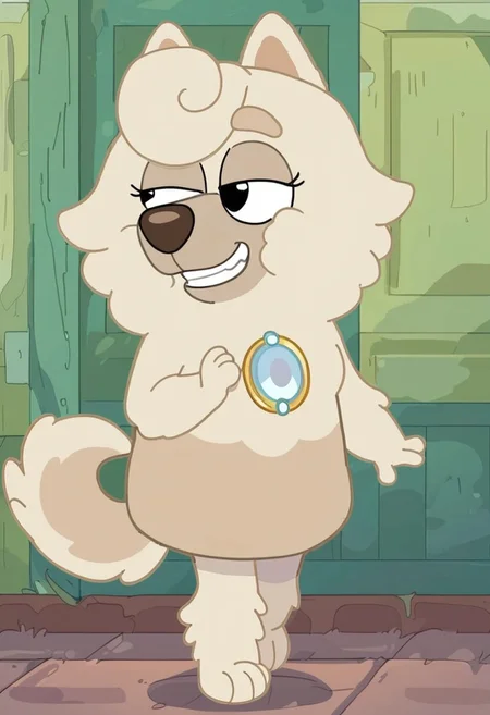 score_7_up, score_8_up, score_9, masterpiece,  high quality,
WendyBluey, female, furry female, solo, 1girl, adult, cartoon, anthro dog, dog ears, chow chow, beige fur, (black eyes), 
front hair curl, silver brooch, brown nose, dog tail, 
smiling, teeth, ((bedroom eyes)), (((anthro)))
walking, full body view, full body
