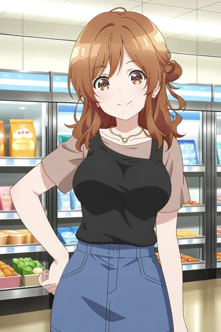 anime screenshot, izumi yuzu, 1girl, solo, brown hair, long hair, single side bun, brown eyes, mole under mouth, large breasts, black tank top, brown shirt, t-shirt, short sleeves, blue skirt, denim skirt, pencil skirt, earrings, necklace, looking at viewer, smile, hand on own hip, cowboy shot, indoors, shop, masterpiece, best quality, high quality, highres, absurdres, <lora:izumi_yuzu_ILXL:0.9>