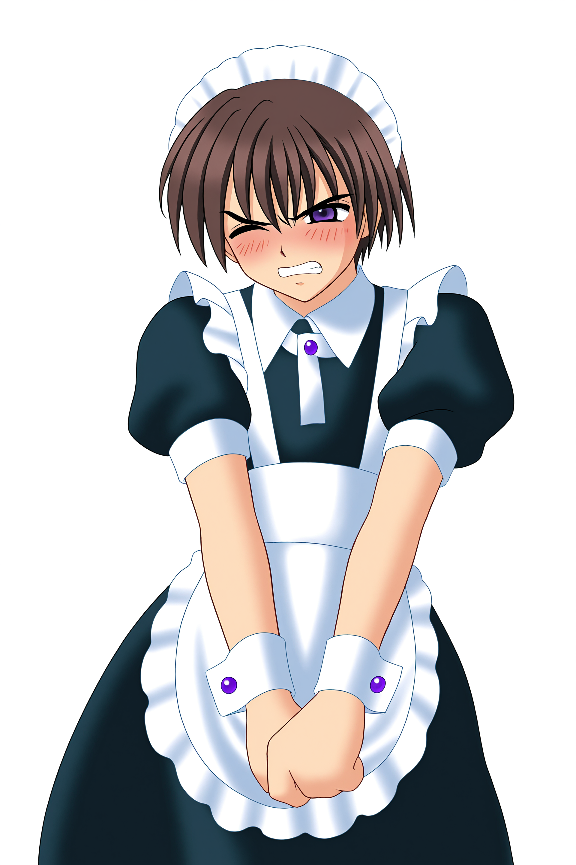 higurashiog, solo, blush, short hair, brown hair, 1boy, purple eyes, male focus, teeth, one eye closed, wrist cuffs, maid, maid headdress, parody, clenched teeth, crossdressing, maebara keiichi, 
(masterpiece, best quality, absurdres, highres), very awa, 