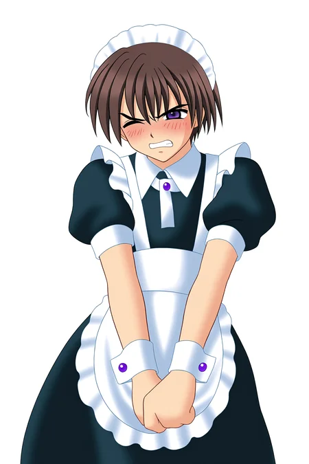 higurashiog, solo, blush, short hair, brown hair, 1boy, purple eyes, male focus, teeth, one eye closed, wrist cuffs, maid, maid headdress, parody, clenched teeth, crossdressing, maebara keiichi, 
(masterpiece, best quality, absurdres, highres), very awa, 