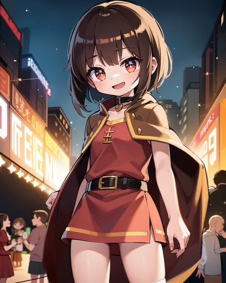 masterpiece, best quality, ultra-detailed, illustration, epic lighting, cinematic composition, colorful, 1girl, solo, megumin, small chest, red eyes, brown hair, bangs, sidelocks, short hair with longs locks, sparkling eyes, star-shaped pupils, :d, exited, open mouth, smile, gold trim, looking at viewer, black choker, red cape, red dress, brown belt, single thighhigh, bandaged leg, own hands together, standing, legs apart, cowboy shot, outdoors, city, cyberpunk, neon lights, buildings, street, crowd, people, busy, (extremely detailed CG:1.2), (8k:1.1)