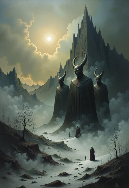 0n1r1c, Create this dramatic impasto artwork that decipts the three Norse Norns from the Völuspá poem of the Edda, stand on a vast, frozen ice field. 
The sky is overcast with dark, brooding clouds, and the low-hanging sun casts an eerie, mystical glow over the scene. 
The Norns wear long, heavy garments reminiscent of medieval Norse attire, and their faces are shrouded in mystery, adding to their enigmatic presence. 
The atmosphere is calm, silent, and timeless, emphasizing the Norns' mystical nature as the weavers of fate. Surrounding them are ancient, withered trees and a distant silhouette of a rugged mountain range, further enhancing the otherworldly setting.
This dystopian, post-apocalyptic-style painting features a monochromatic scheme, primarily with shades of black, gray, and white.