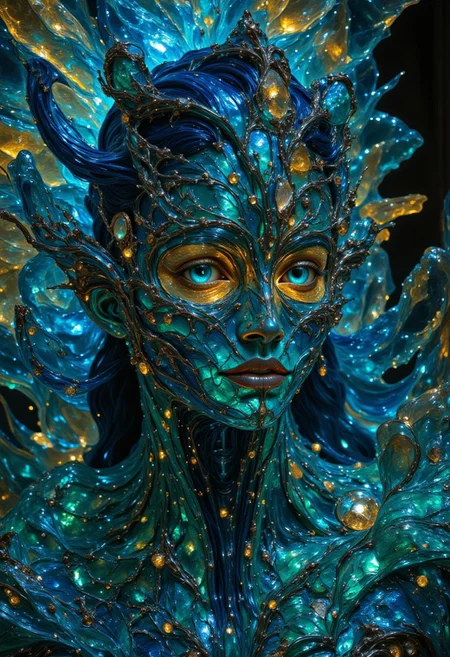 A closeup portrait of an intricate statue of a woman made of engraved crystal and glass. Her skin composed of delicate, engraved blue glass with shards of crystal intricately woven into her hair. Her eyes gleaming with a bluish, otherworldly light and she wearing a majestic, windy-blown ornate gown with crystal flowers reminiscent of a bright futuristic world. Her face and shoulders illuminated by an internal soft, ambient glow, as she is encased in a giant crystal that radiates with otherworldly energy. She stares intently at the viewer with a subtle smile. She is enveloped in an abstract explosion of vibrant colors—blue, green and yellow—splashing dynamically around her creating a dramatic vignette effect. In the styles of Royo's dark, mystical realism, Artgerm's hyper-detailed, metallic sheen, and Lovecraft's eerie, atmospheric tension, with meticulous attention to intricate textures, dramatic shading, and a sense of haunting and ethereal beauty.
