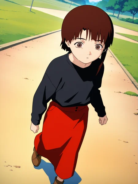 masterpiece, best quality, amazing quality, absurdres, newest, dynamic_angle, defined facial features, anime coloring, anime screencap,
<lora:Lain_IL1.1v0:1> iwakura lain \(sel\), walking, black shirt, red skirt, long skirt, brown footwear, outdoors
