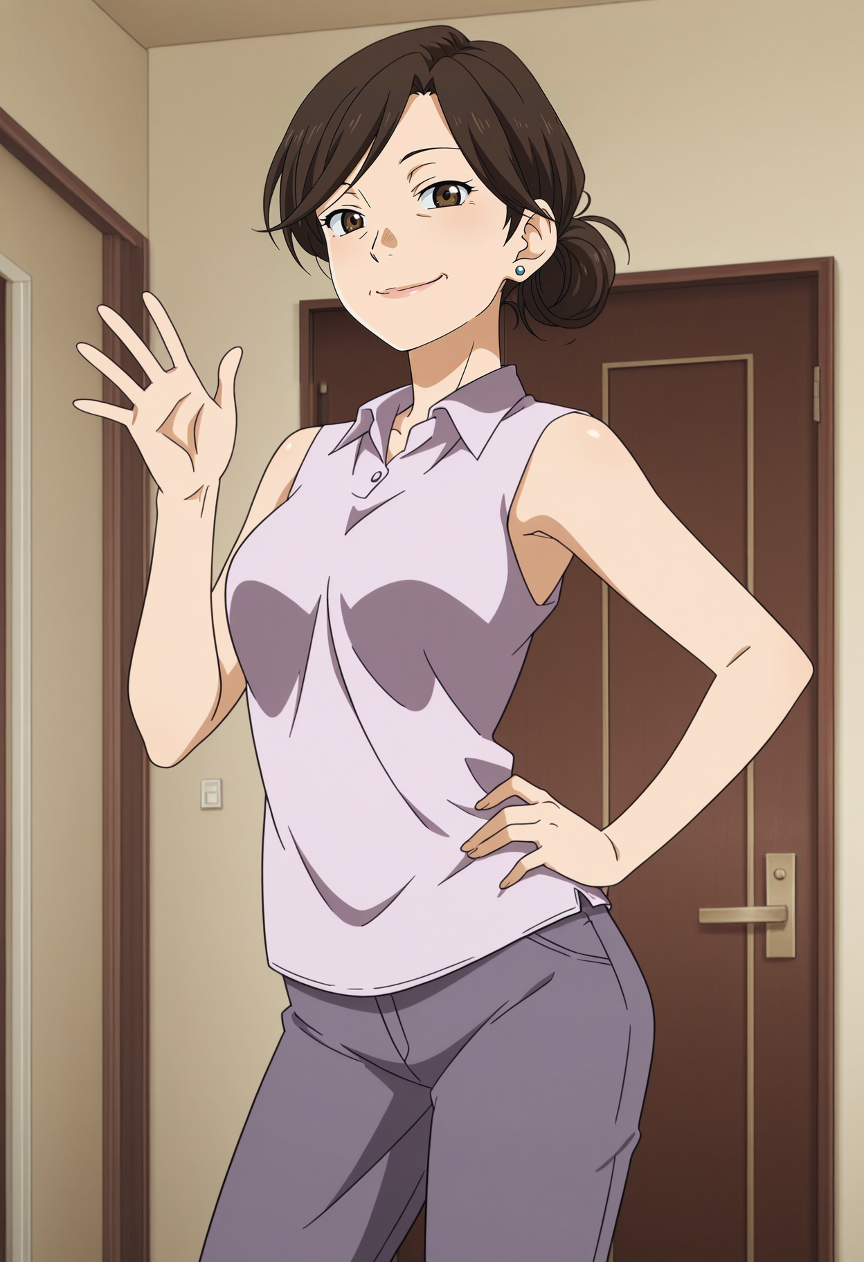 1girl,solo,mm,mature female,earrings,brown eyes,brown hair,single hair bun,anime coloring,
sleeveless,shirt,pants,contrapposto, waving, hand on own hip, looking at viewer, smile,indoors
,masterpiece,best quality,amazing quality,<lora:Yuriko_Ochiai-Shigatsu_wa_Kimi_no_Uso:0.8>