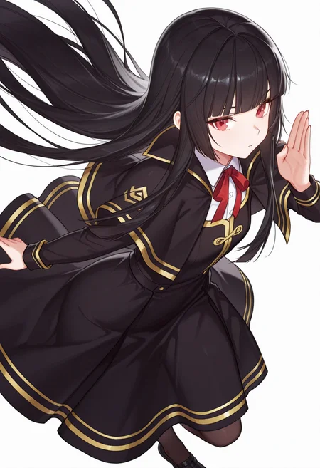 Smooth Quality,masterpiece,very intricate, high quality details, ultra realistic, high detailed skin,detailed enviorement,absurdres,
vulcan salute,
<lora:Atre_CNR:0.8> atre_cnr, 1girl, black hair, very long hair,blunt bangs, red eyes,black dress,black capelet, pantyhose, long sleeves, ribbon, shoes,, simple background, white background, dynamic angle,solo,, guilt,
