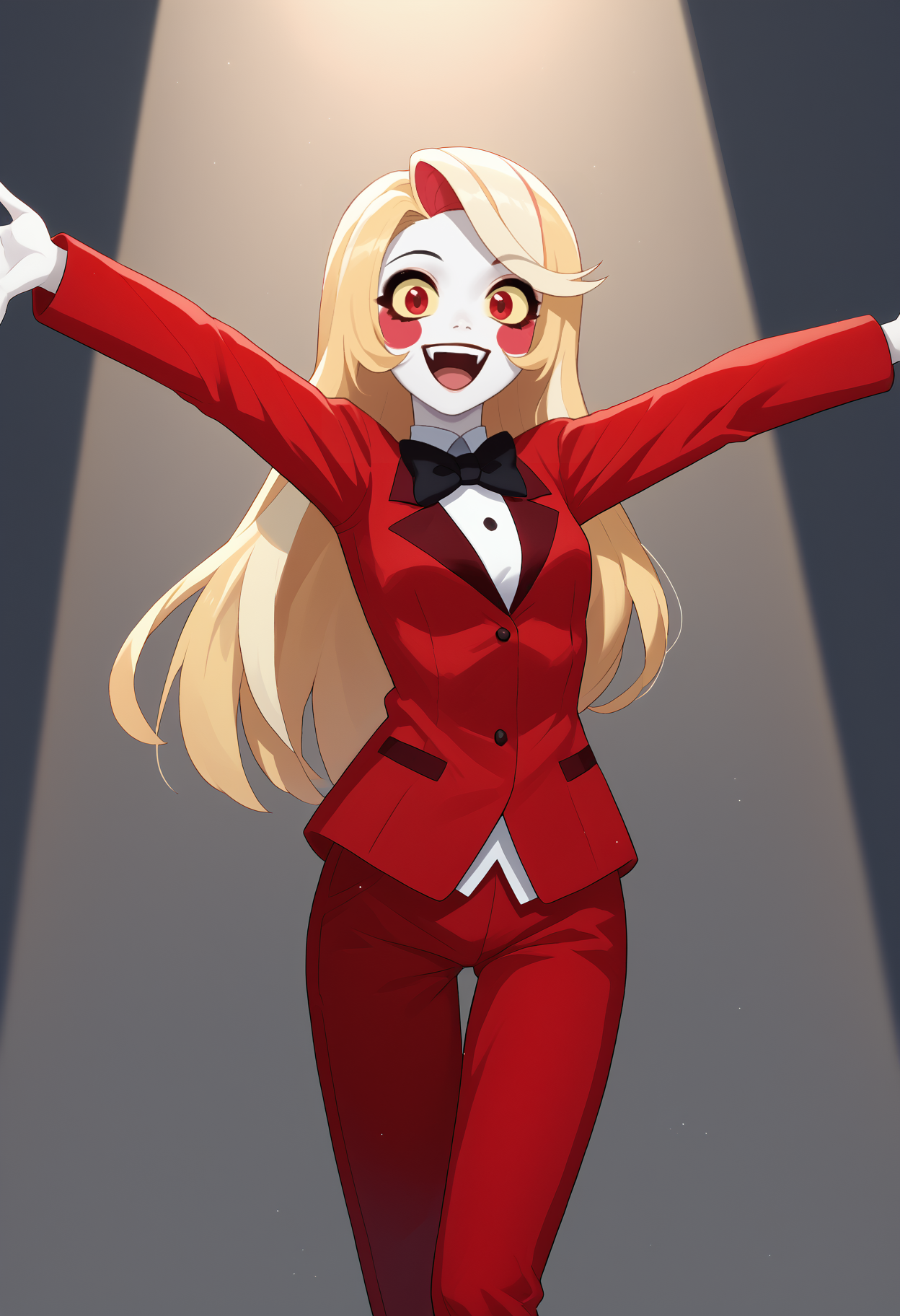 score_9, score_8_up, score_7_up, source_anime, <break> solo, 1girl, chrlmrnstr, white skin, makeup, blush stickers, happy, open mouth, looking at you, standing, outstretched arms, multicolored hair, blonde hair, yellow sclera, red eyes, red suit, red jacket, black bowtie, red pants, spotlight
<segment:yolo-face_yolov8m.pt,0.4,0.5//cid=1>
