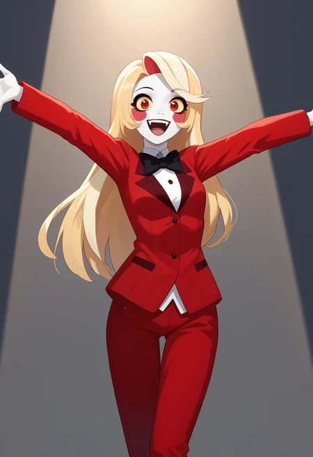 score_9, score_8_up, score_7_up, source_anime, <break> solo, 1girl, chrlmrnstr, white skin, makeup, blush stickers, happy, open mouth, looking at you, standing, outstretched arms, multicolored hair, blonde hair, yellow sclera, red eyes, red suit, red jacket, black bowtie, red pants, spotlight
<segment:yolo-face_yolov8m.pt,0.4,0.5//cid=1>