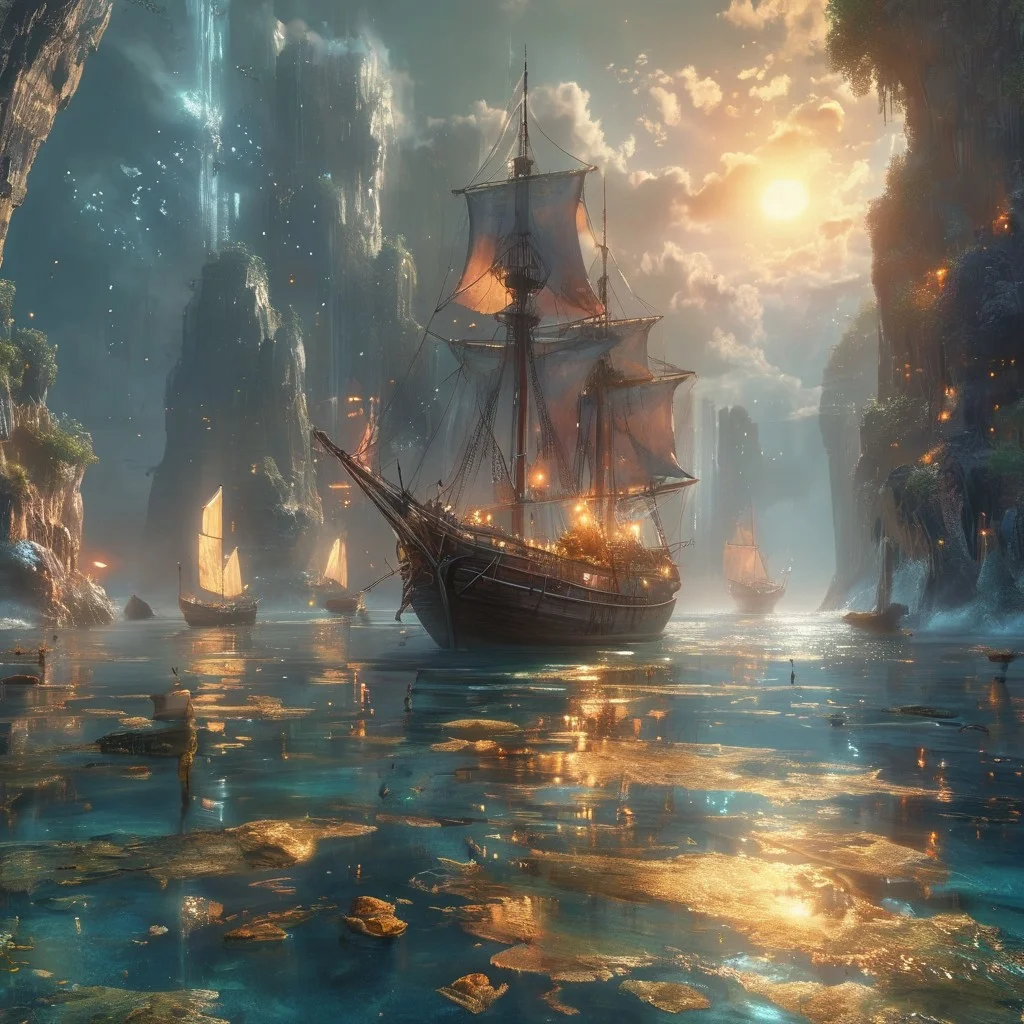 city underwater, blue atmosphere, rays of light shining through, highly detailed oil painting, unreal 5 render, rhads, Bruce Pennington, Studio Ghibli, tim hildebrandt, digital art, octane render, beautiful composition, trending on artstation, award-winning photograph, masterpiece <lora:MJ52:0.5> <lora:add-detail-xl:1>a long bay, at night, iconic limestone karsts emerging from the tranquil waters, sail boats, moonlight, quaint, serene, mythical, mystical, picturesque, exceptionally beautiful, ultra detailed, 8k, uhd