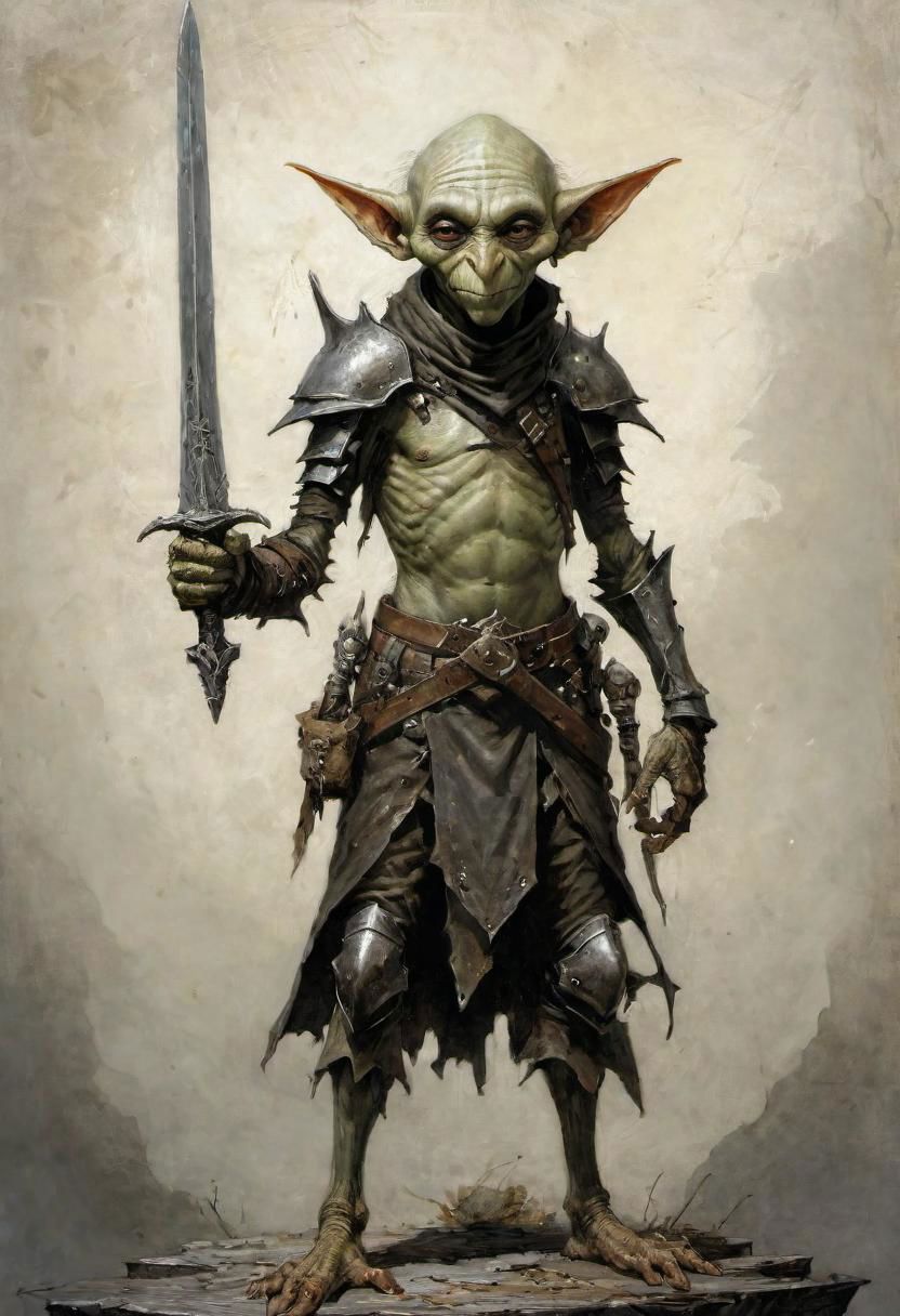 videogame art,  a long elf, goblin ghoul, holding a iron rusty sword,  wearing leather armor, plated armor, armor plating, by Jean-Baptiste Monge and Nicola Samori
