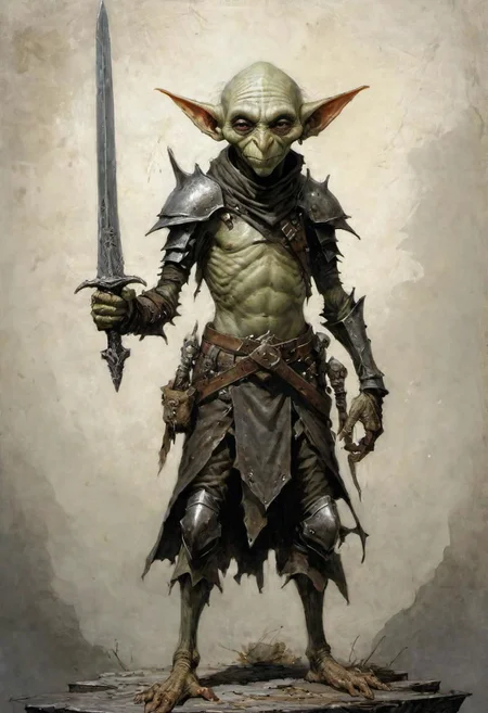 videogame art,  a long elf, goblin ghoul, holding a iron rusty sword,  wearing leather armor, plated armor, armor plating, by Jean-Baptiste Monge and Nicola Samori