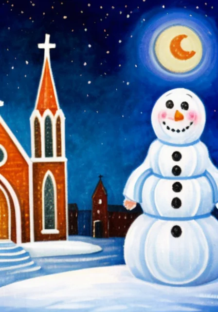 by alessandro pedrazzini <lora:alessandropedrazzini_v1.0c:1>, snowman in front of a church with kids around