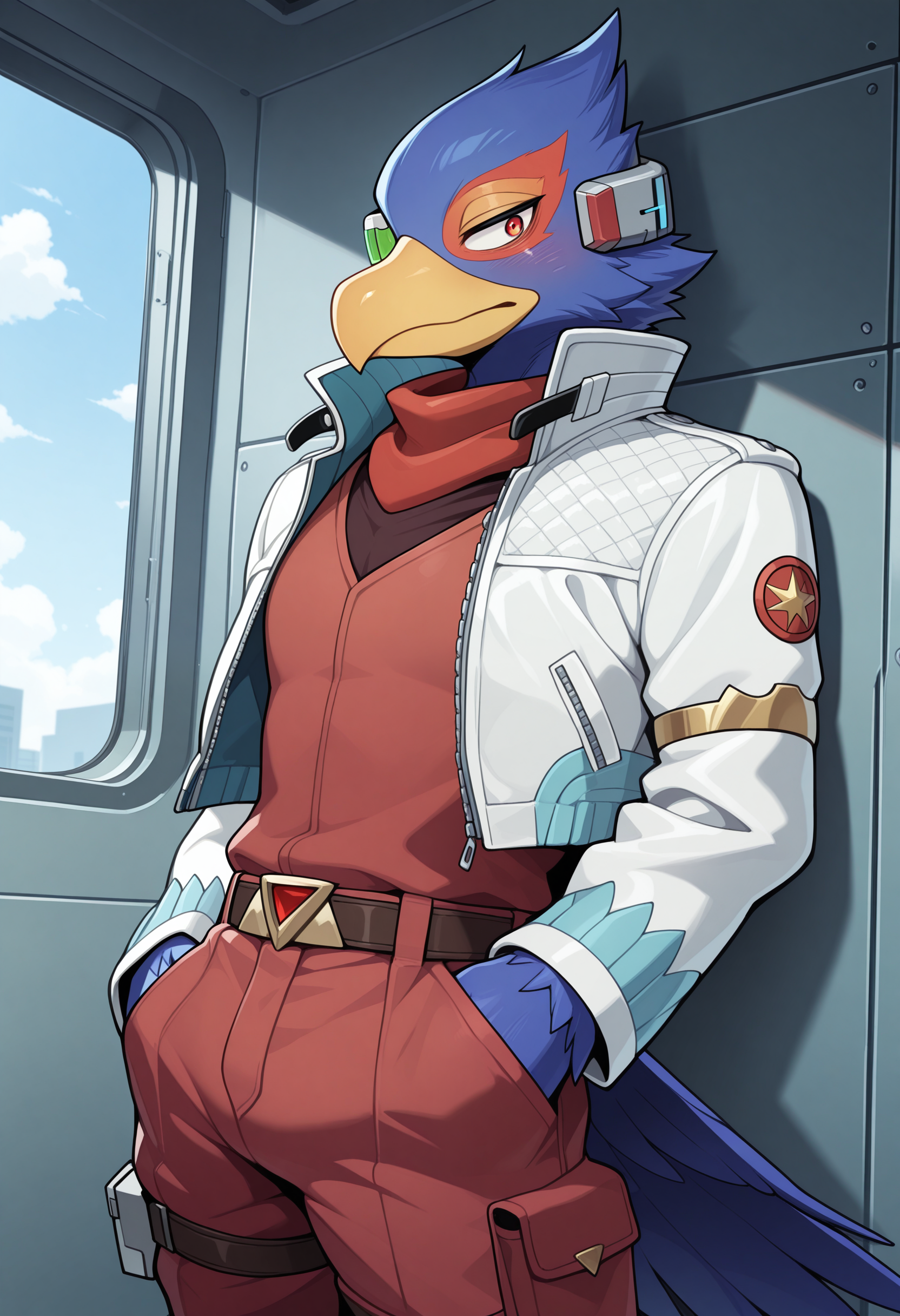masterpiece, best quality, amazing quality, solo, 1boy, FalcoSF,  white jacket, red shirt, gree scouter, headset, red pants