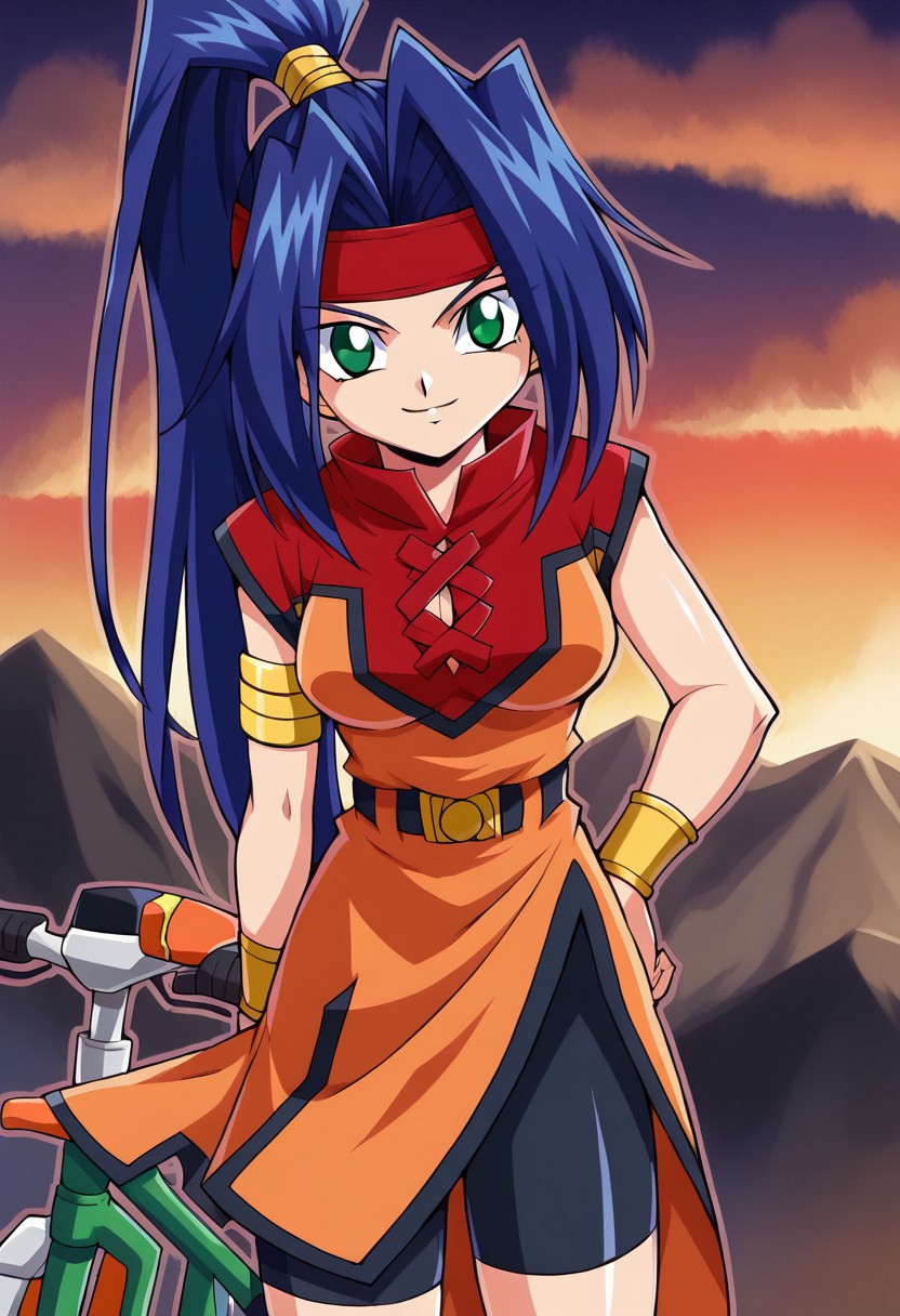 beyblade: v-force, 1girl, mariam /(beyblade/), bandana, solo, green eyes, ponytail, headband, blue hair, looking at viewer, long hair, bike shorts, dress, smile, breasts