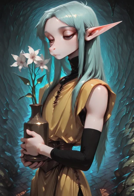 best quality, masterpiece, sfw, n0m0, rga, retro artstyle, 1990s (style), close-up shot,1 person, solo, Lapanya, Caitis, Yellow tunic, sleeveless top, black leggings,
calm expression, serine, holding vase full of flowers,
Close up, upper body focus,
Medieval style, source: semi-realistic,
Underground, organic cavern background,
Smooth colors, detailed eyes, perfect fingers, clean lines, high quality, best quality, masterpiece, variety, rating: safe,
