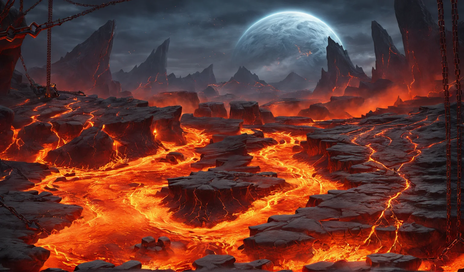 scene concept, lava field, 3D rendering, realistic style, ultra-clear detail, masterpiece, high quality, lava, solo, landscape, outdoor, cliff, clouds, fire, science fiction, up view, chains, circle, glowing stone <lora:ç岩ä¹å°:1>