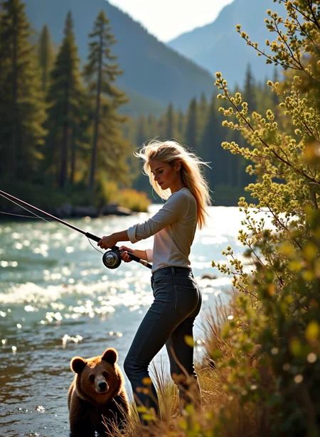 Photograph of a young woman standing on the shore of a lake, holding a fishing rod in her right hand. She is wearing a green tank top and blue jeans, and her blonde hair is blowing in the wind. In the background, there is a deer standing in the water, and the lake is surrounded by trees and bushes. The sky is blue and the sun is shining, creating a warm glow on the scene. The overall mood of the image is peaceful and serene. <lora:add-detail-xl:.5> <lora:Flux-style-xl-lora:.5>