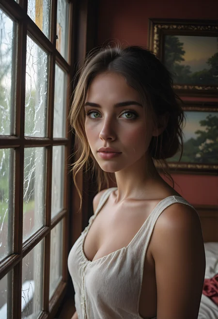 Pristine RAW closeup photo through the broken stained glass of a beautiful 22 year old woman's eyes looking outside. She is wearing linen vest dress with bare sides and bare shoulders, miniskirt and bare side thighs. Old furniture, nature paintings, red wood walls. extremely detailed. <lora:FLUX\nk_Perfect_eyes_gaze_look:0.8>, <lora:FLUX\extremely detailed_ntc:0.6>,<lora:FLUX\sideboob_FluxSideboob:0.7>