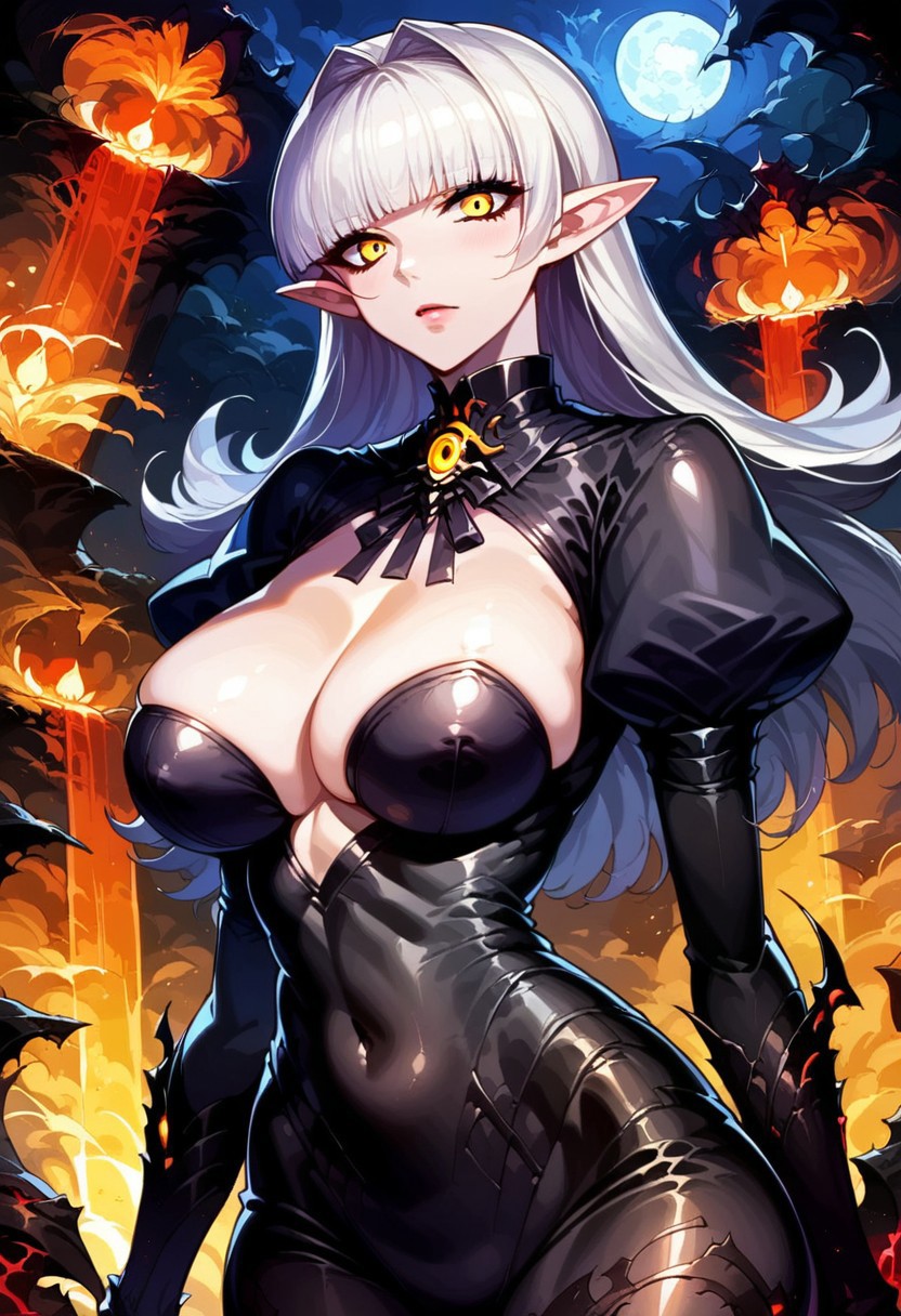 SCORE_9, SOURCE_ANIME, PORTRAIT, DARK ALICE, POINTY EARS, WHITE HAIR, YELLOW EYES, BLACK BODYSUIT, LARGE BREASTS, NIGHT, MIST, CORRUPTED LANDSCAPE