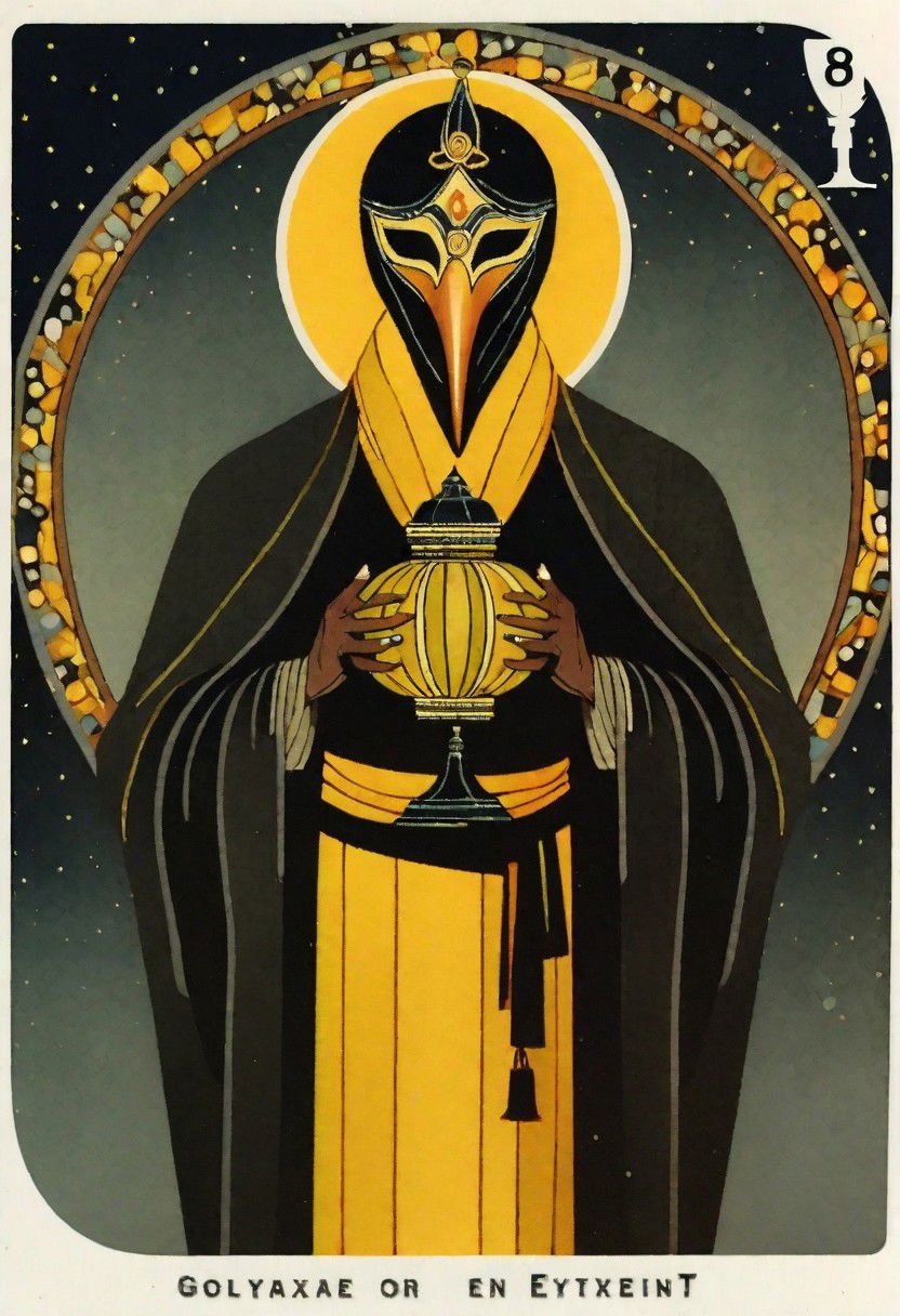 dark grey background, art deco, occultist, antiquarian, ((man in byzantine robes)), ornate lantern, ((man wearing golden ibis mask)), (man wearing turban), ((black and yellow robes)), ((upwards shoulder pads)),
