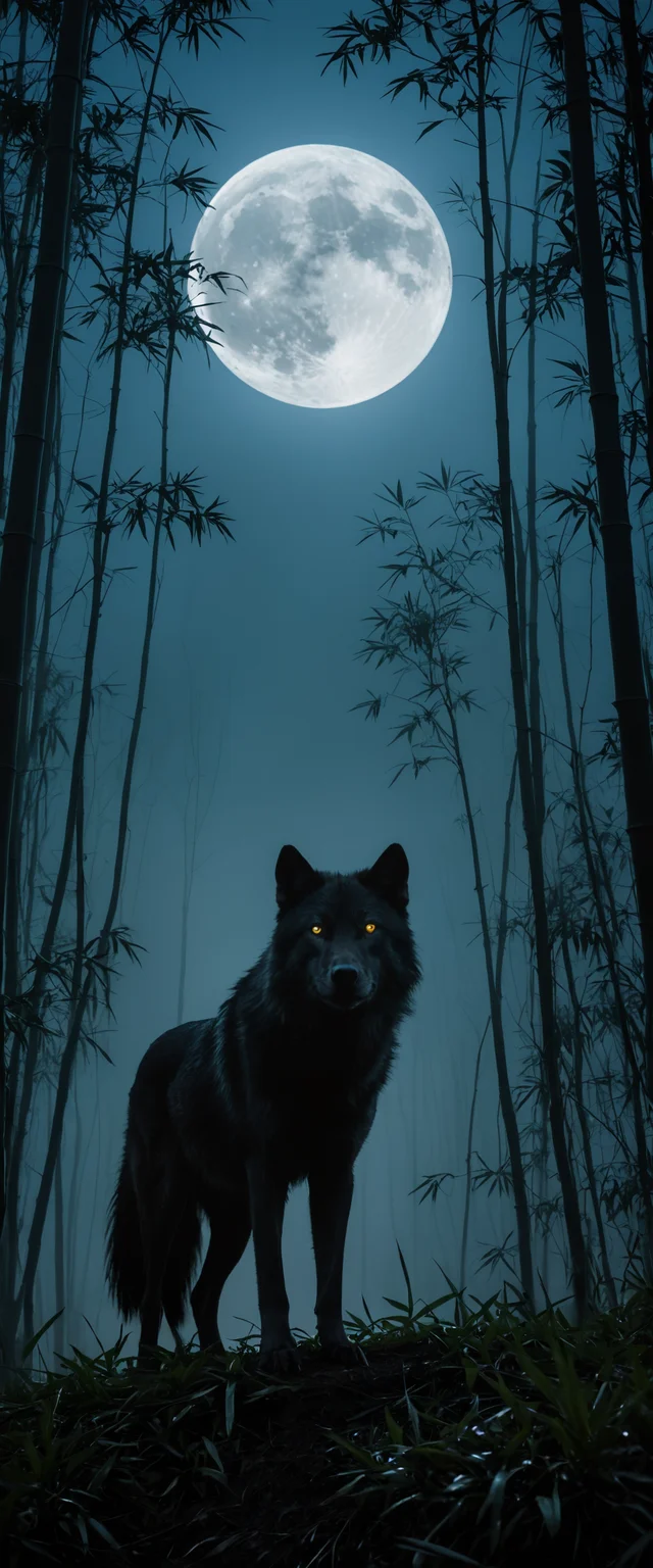 photo of wild bamboo thicket, epic composition, cinematic lighting, a beautiful blue moon, volumetric light, night sky, fantastic fog, a black wolf staring at camera, (yellow eyes), (luminous eyes:1.3), (best quality), photorealistic, highly detailed, high resolution RAW photo <lora:zavy-bcklt-sdxl:0.3> <lora:add-detail-xl:0.4>