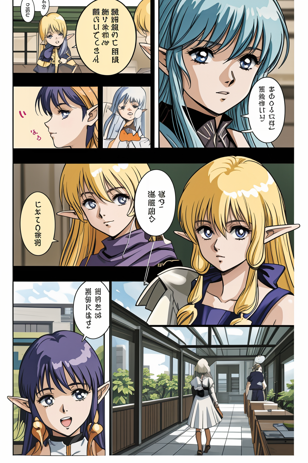 1girl, fantasy, elf, Walled City <lora:LCM_LoRA_Weights_SD15:0> <lora:MangaGen1:1> <lora:mangaC:2> manga,frame,speech bubble,color