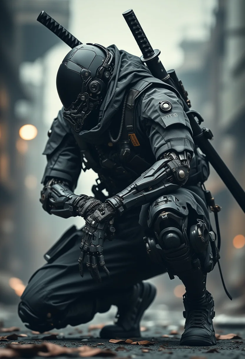 A high-resolution photograph of a futuristic armored soldier in a crouched ready-to-attack stance. The soldier wears a sleek metallic helmet with a visor and is clad in dark tactical gear with various mechanical and robotic enhancements on the arms and legs. A katana is strapped to the back. The background is a blurred industrial setting with muted colors creating a dystopian atmosphere. The image is taken from a low angle emphasizing the soldier's imposing presence<lora:- Flux1 De-Distilled - the_edgy_mech_1.0:0.8>