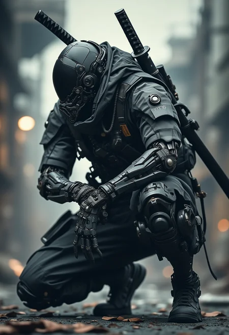 A high-resolution photograph of a futuristic armored soldier in a crouched ready-to-attack stance. The soldier wears a sleek metallic helmet with a visor and is clad in dark tactical gear with various mechanical and robotic enhancements on the arms and legs. A katana is strapped to the back. The background is a blurred industrial setting with muted colors creating a dystopian atmosphere. The image is taken from a low angle emphasizing the soldier's imposing presence<lora:- Flux1 De-Distilled - the_edgy_mech_1.0:0.8>