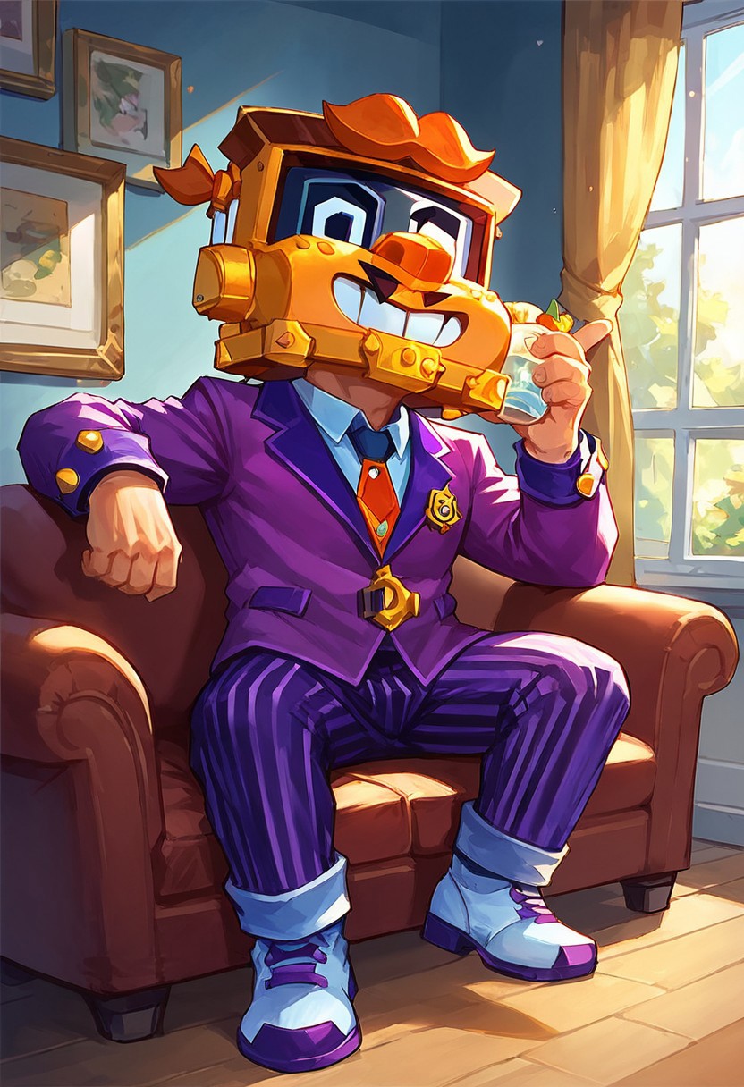 score_9,score_8_up,score_7_up, solo, 1boy, bs_griff, mask, smile, purple jacket, striped trousers, shoes, sitting on couch, in bank,