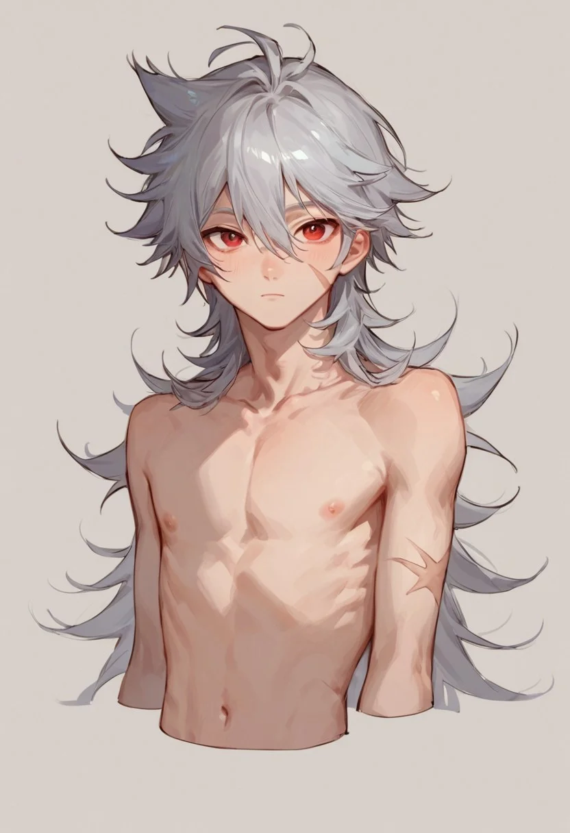 score_9, score_8_up, score_8, anime style, score_9_up, score_7_up, score_7, score_6_up, score_6, source_anime, (solo male), (petite boy:1.3), (petite body:1.2), nude, (shirtless), (skinny), (razor),grey hair,long hair,hair between eyes,red eyes,scar,scar on face,scar on arm, upper body, otoko no ko, bishounen, cute, (full body:1.1), (asian:0.5), (glancing at viewer),