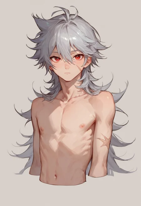 score_9, score_8_up, score_8, anime style, score_9_up, score_7_up, score_7, score_6_up, score_6, source_anime, (solo male), (petite boy:1.3), (petite body:1.2), nude, (shirtless), (skinny), (razor),grey hair,long hair,hair between eyes,red eyes,scar,scar on face,scar on arm, upper body, otoko no ko, bishounen, cute, (full body:1.1), (asian:0.5), (glancing at viewer),