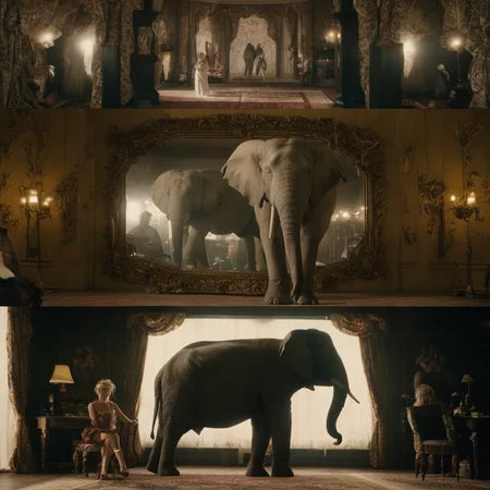 <lora:SDXL_cinematic_Sa_May:1> cinematic a white elephant standing in front of parallel mirrors
