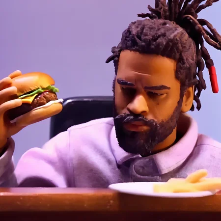a cinematic still of ,rbtchkn style ,rhwrld , dreads in a bun in the style of rbtchkn <lora:riiahworldxl:1> rhwrld, depth of field , at a resturaunt eating a burger,<lora:jcoleXL:0.7> robot chicken, rbtchkn, robot chicken tv show, stop motion