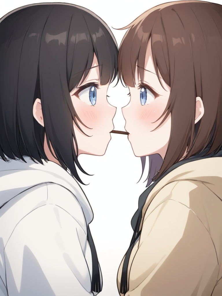 <lora:npc_xl_pocky:1>playing Pocky game, multiple girls, 2girls, blue eyes, food, brown hair, white background, pocky, yuri, black hair, pocky kiss, blush, pocky day, hood, eye contact, looking at another, profile, bangs, simple background, long sleeves, mouth hold, upper body, hoodie, hood down, short hair, food in mouth, from side, shared food, sweater, medium hair, shirt