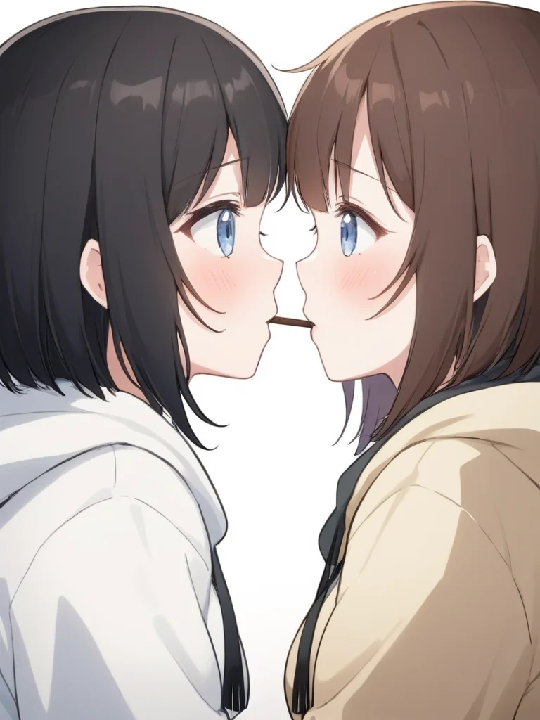 <lora:npc_xl_pocky:1>playing Pocky game, multiple girls, 2girls, blue eyes, food, brown hair, white background, pocky, yuri, black hair, pocky kiss, blush, pocky day, hood, eye contact, looking at another, profile, bangs, simple background, long sleeves, mouth hold, upper body, hoodie, hood down, short hair, food in mouth, from side, shared food, sweater, medium hair, shirt