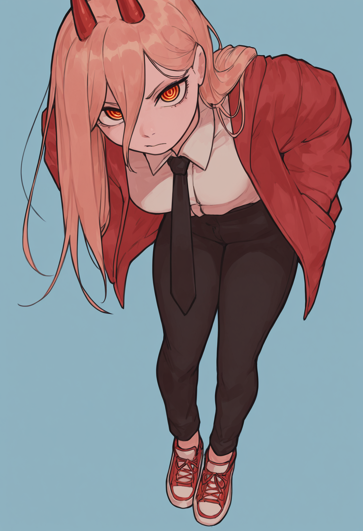 masterpiece, best quality, absurdres, highres, 1girl, black necktie, necktie, solo, long hair, horns, red eyes, shirt, jacket, white shirt, pants, black pants, red footwear, collared shirt, shoes, blonde hair, blue background, simple background, power \(chainsaw man\), hands in pockets, facing viewer, looking at viewer, ringed eyes, leaning forward, close-up, red jacket, from above, upturned eyes, 
 <lora:ourobot_ill:1>